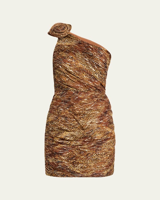Ruched One-Shoulder Metallic Fleck Mini Dress